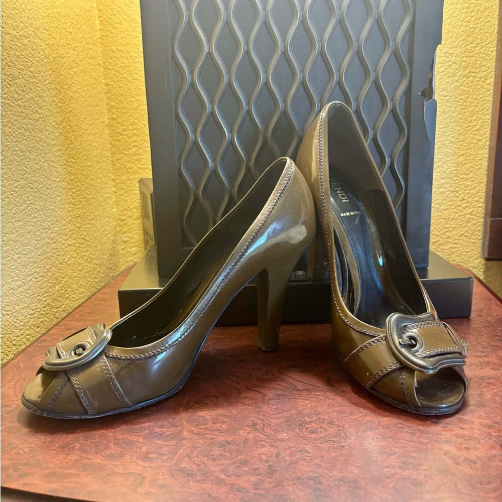 Fendi Brown Peep-Toe Heels with Buckle Detail